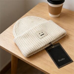 Acne Cream Ribbed Knit Beanie with Face Patch
